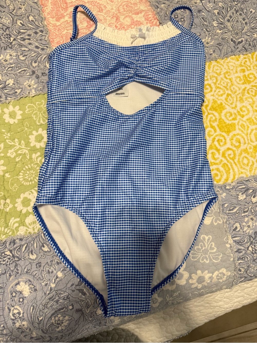 art class girls Blue Gingham One-Piece Swimsuit size large 10/12